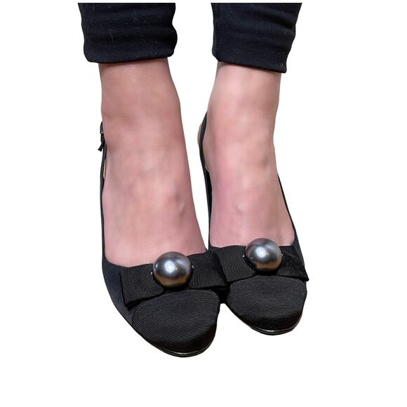 CHANEL 7.5 Classic Ribbon Bow Slingback Audrey Pumps Silver Pearl Heels Black 38 - Picture 3 of 9
